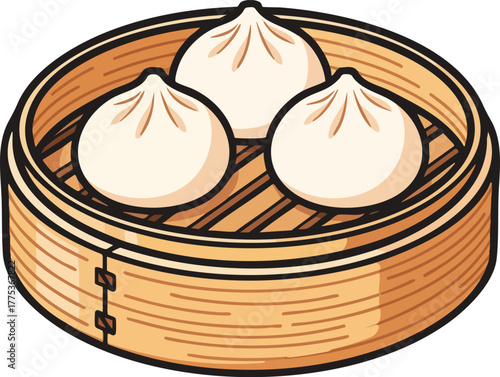 Three steamed Bakpao buns in a bamboo steamer, flat vector illustration.