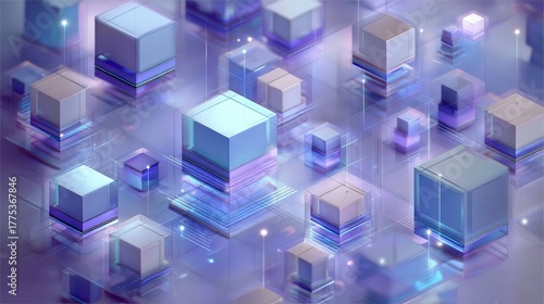 Abstract Isometric Cubes Forming Network Connection in Blue and Purple Tones Digital Technology Concept Visualization Connection Nodes