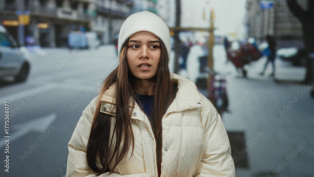 Fototapeta premium Woman in warm clothing with a white hat and coat, standing outdoors, appears cold on a city street with blurred background, showcasing urban winter fashion in a public space.