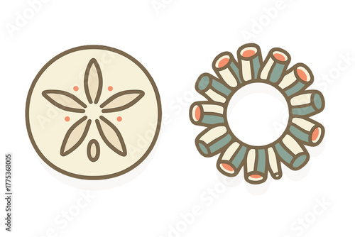 Stylized sand dollar and abstract coral elements set in retro flat design style isolated on white
