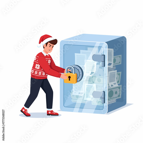 Flat vector Christmas safe cracking unlocking wealth security achievement success