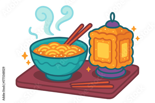 Steaming bowl of Asian noodles with chopsticks next to a decorative orange lantern on a serving tray