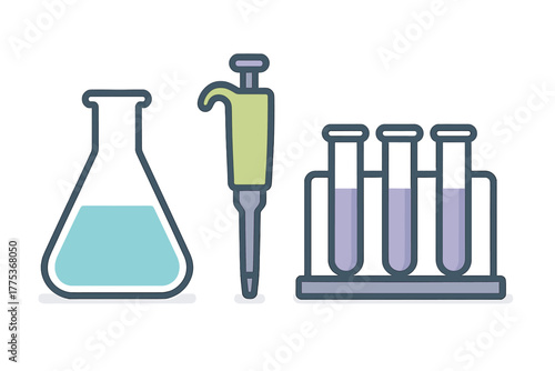 Chemistry laboratory equipment set with Erlenmeyer flask, micropipette, and test tube rack