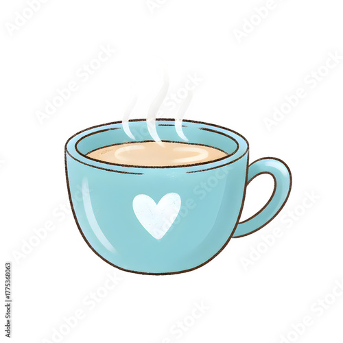 Cozy light blue ceramic mug with a white heart and steaming hot beverage isolated on transparent background