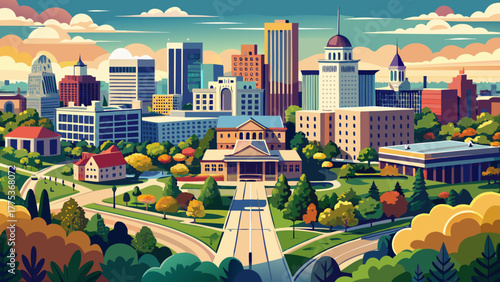 Very beautiful aerial panoramic view of Topeka, Kansas, USA, along 10th Avenue, showcasing the city’s skyline, government buildings, and tree-lined streets in the capital city of Shawnee County.