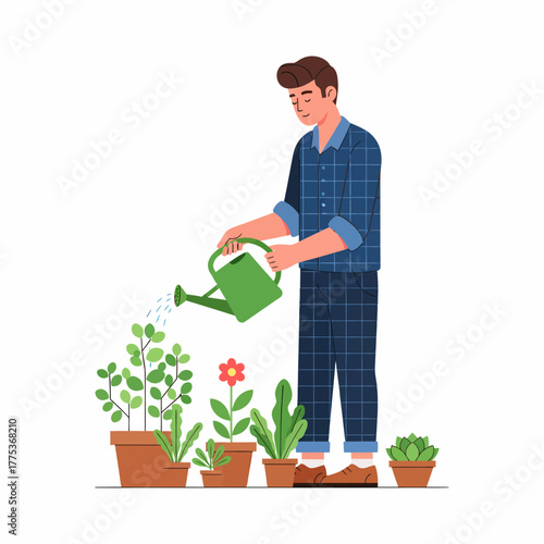 Flat vector man watering potted plants outdoor hobby gardening activity