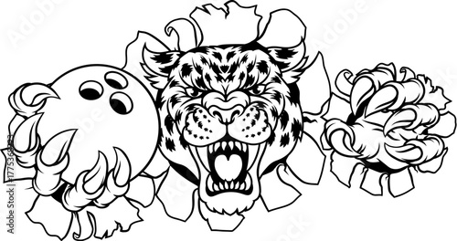 A jaguar, panther, leopard or cheetah wildcat spotted cat bowling sports team mascot holding a ball