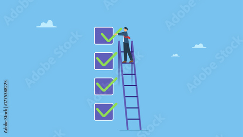 Businessman put tick on completion checklist. Checklist report, evaluation list, complete checkbox, finish work, to do list or task done, quality assurance control, checkmark.