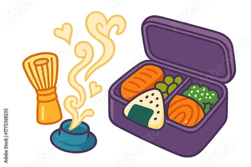 Traditional Japanese bento box with onigiri and vegetables next to matcha tea and whisk