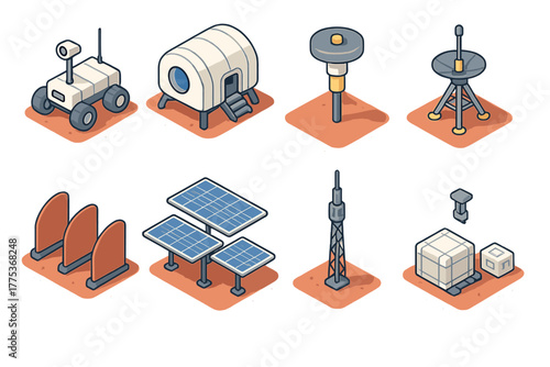Essential equipment for space colonization including rover, habitat, solar panels, and communication antennas on Martian surface