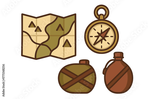 Classic outdoor adventure gear set featuring a folded map navigation compass and water flasks