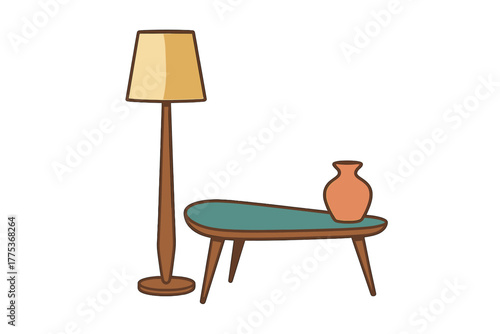 Mid-century modern floor lamp and kidney shaped side table with a decorative vase