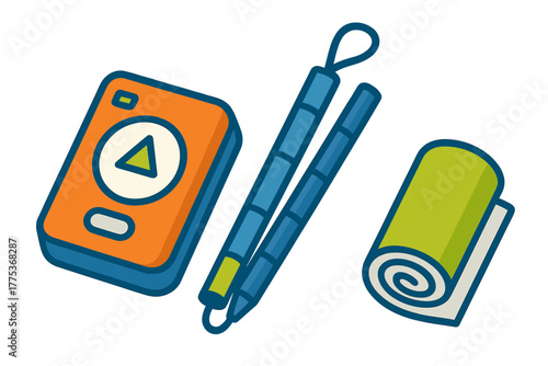 Essential outdoor camping gear set including navigation device, collapsible tent poles, and rolled sleeping pad