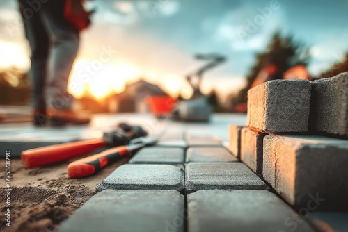 Paver Installation Close-up at Sunset; Worker Laying Concrete Blocks for Patio with Tools and Machinery in Background