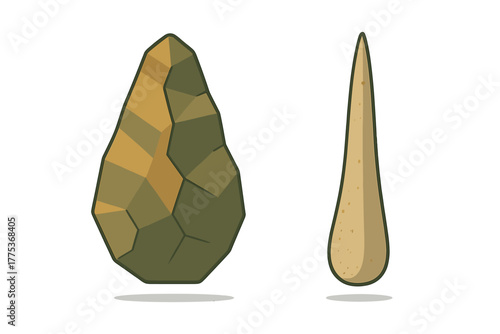 Prehistoric stone tools set including a chipped hand axe and a sharp pointed implement