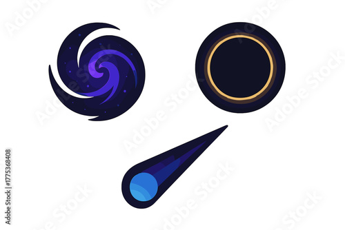 Abstract cosmic icons set featuring a swirling galaxy, a solar eclipse, and a streaking comet