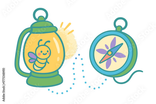Cute cartoon firefly glowing inside a lantern connected by a dotted line to a navigational compass