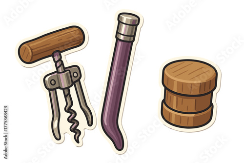 Essential wine accessories set featuring a classic corkscrew, foil cutter, and natural wooden bottle stoppers