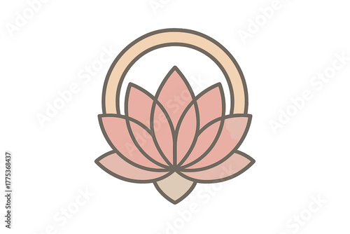 Minimalist pink lotus flower symbol centered beneath a simple circular arch representing purity and spiritual harmony