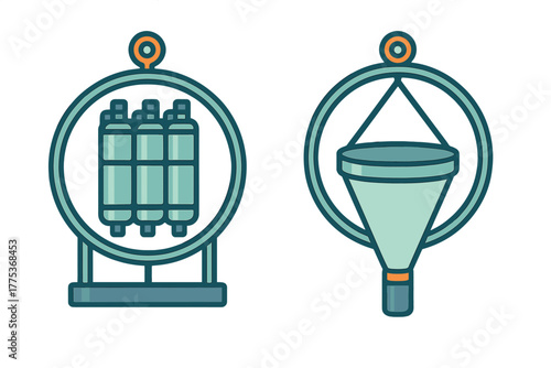 Two abstract icons representing industrial filtration systems and business process funnels