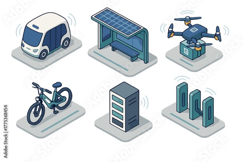 Autonomous vehicle, solar bus stop, delivery drone, and electric bike in a modern smart city