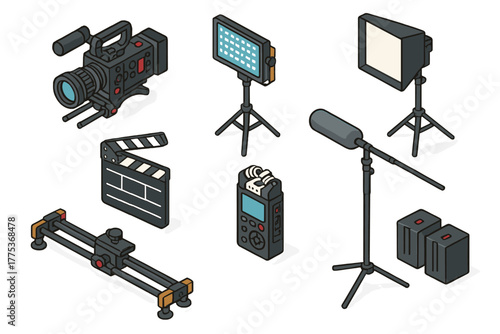 Professional filmmaking equipment set including cinema camera, microphone, light, and clapperboard