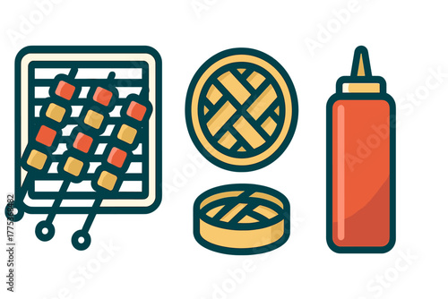 Collection of outdoor grilling essentials including meat skewers, lattice pie, and sauce bottle