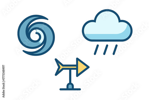 Weather forecast icons set with hurricane symbol, rainy cloud, and wind direction indicator