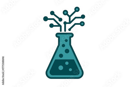 Laboratory flask merging with digital circuit lines representing science and technology