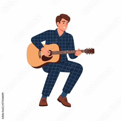 Illustration man playing guitar music with cozy clothing at home casually
