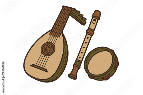 Traditional musical instruments including a lute, recorder, and tambourine arranged together