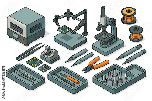 Professional electronics repair tools and equipment set with soldering station and microscope
