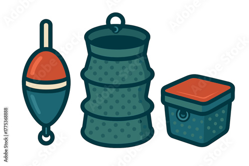 Fishing equipment set featuring a bobber, collapsible fish basket, and tackle box