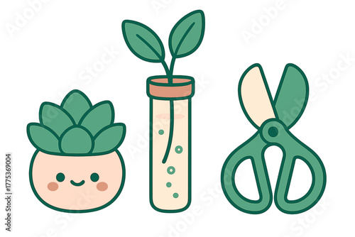 Cute botany elements featuring a smiling potted succulent, rooting sprout, and gardening shears