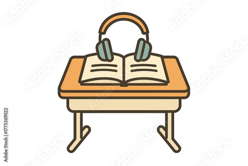 Open textbook and headphones resting on a wooden school desk for audio learning