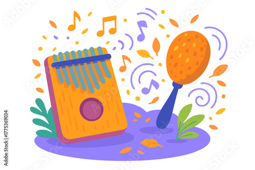 Thumb piano kalimba and maraca shaker instrument with floating musical notes