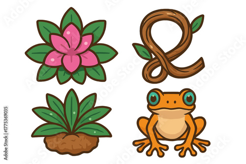 Colorful jungle elements featuring a cute orange frog, pink flower, coiled vine, and green plant