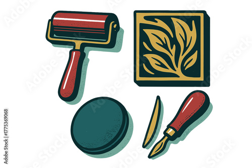 Traditional relief printmaking tools set with brayer roller, carving gouge, ink plate, and linocut block
