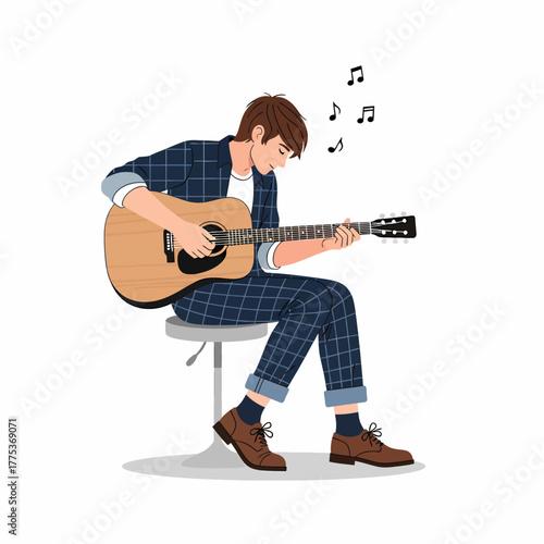 Illustration of a young man playing acoustic guitar music notes float