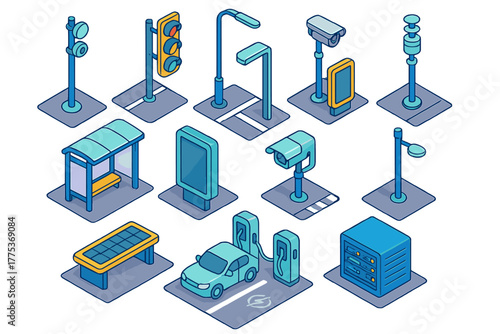 Isometric smart city infrastructure elements set traffic lights street lamps security cameras bus stop EV charging station