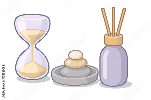 Spa and relaxation set with hourglass, stacked massage stones, and aromatic reed diffuser
