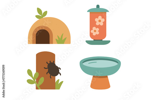 Stylized set of outdoor elements featuring a bird feeder, animal den, beetle on wood, and water bowl