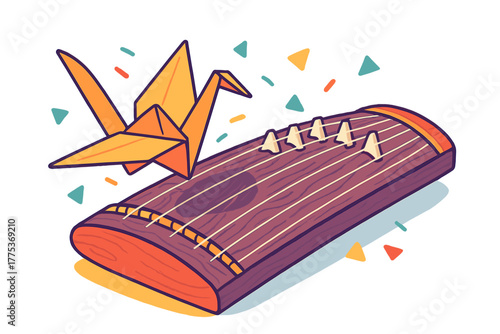 Traditional Japanese koto musical instrument alongside a vibrant orange origami crane