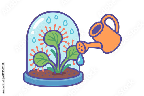 Watering a stylized plant growing inside a protective glass cloche infected with viral cells