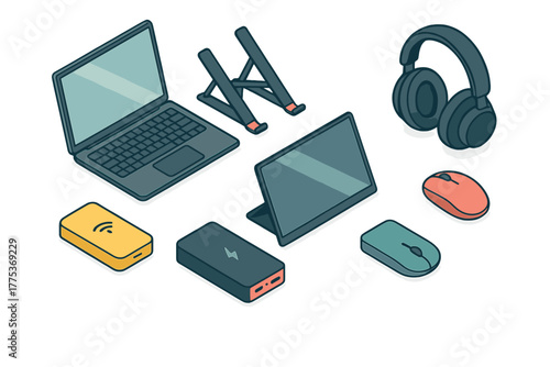 Isometric collection of modern electronic devices, laptop, tablet, headphones, and computer mice