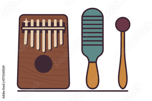 Traditional African musical instruments set including kalimba, maraca, and mallet on white background