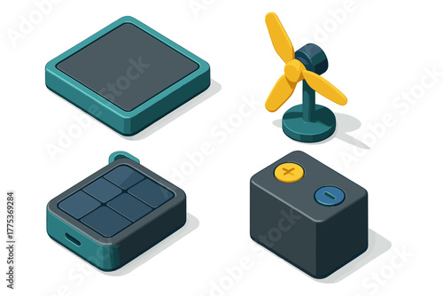 Isometric icons set of renewable energy sources and power storage devices
