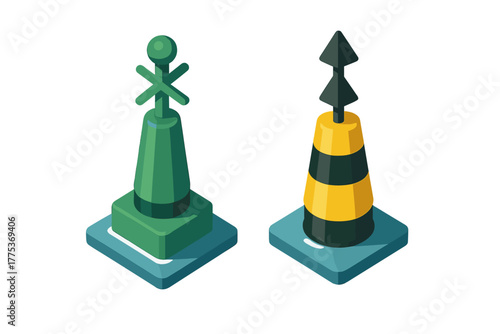 Green lateral and black yellow cardinal navigational buoys in isometric style