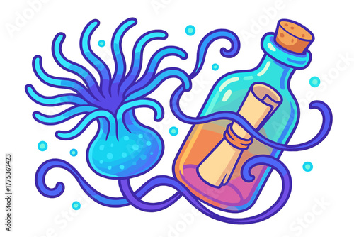Message in a bottle entangled by glowing deep sea creature tentacles