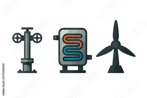 Industrial energy set featuring a wellhead valve, heat exchanger, and wind power turbine